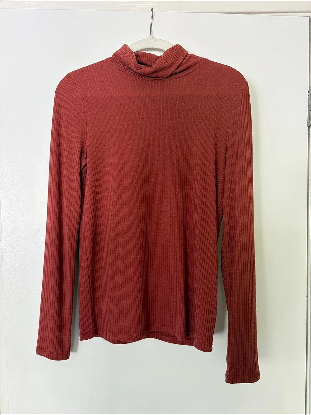 Madewell Ribbed Cowl Neck Sweater in a rusted orange